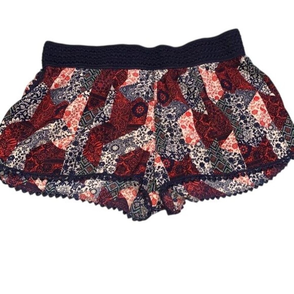 Womens XL Navy Combo Patterned Shorts - Elastic Waistband & Scalloped Hem 100% P